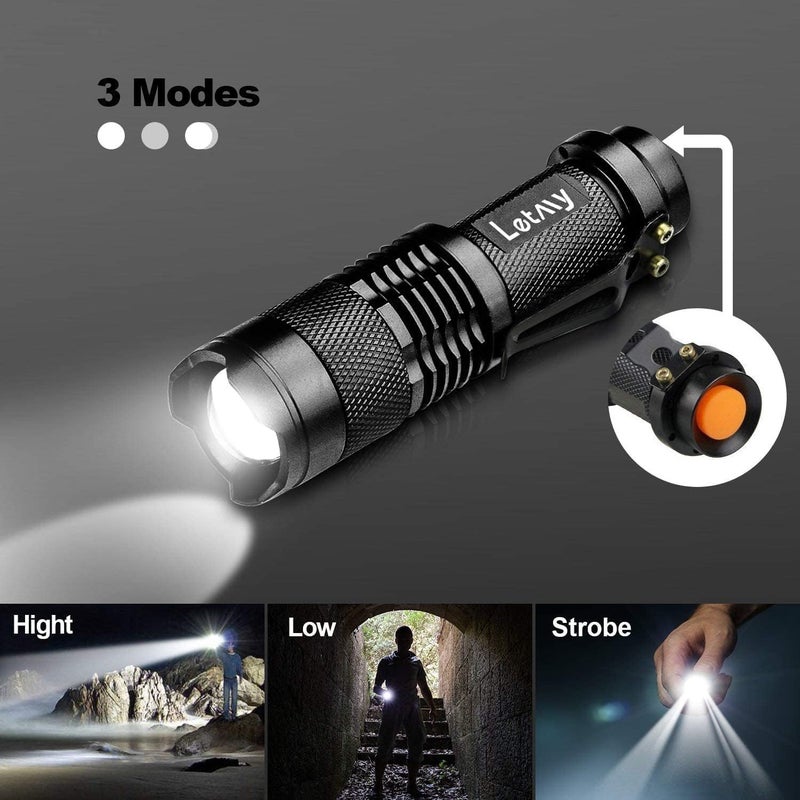 LETMY Tactical Flashlight, Super Bright LED Mini Flashlights with Belt Clip, Zoomable, 3 Modes, Waterproof - Best EDC Flashlight for Gift, Hiking, Camping, Hurricane & Power Outage (2 Pack) - Image 3